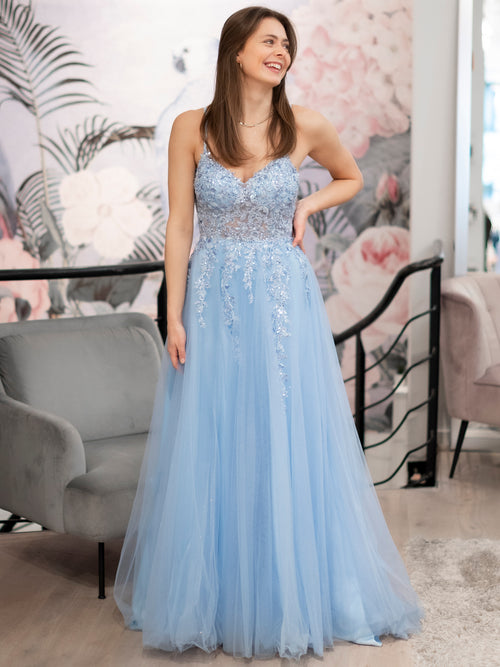 Himmelblaues Abendkleid mit Spitze und Pailletten, perfekt für Ball und Gala
