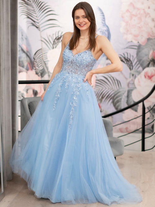 Hellblaues Abendkleid mit Pailletten und Tüllrock – perfekt für Ball und Gala