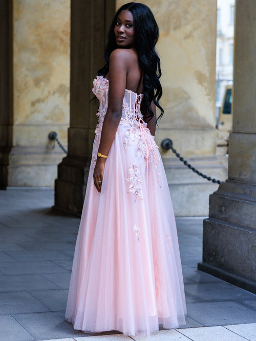 Rosa Abendkleid mit Blumenstickerei und Tüllrock, perfekt für Ball und Gala