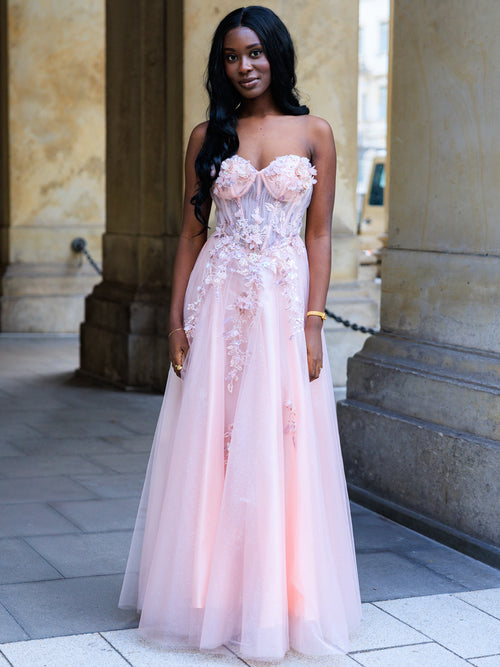 Rosa Abendkleid mit Blumenapplikationen und Tüllrock, perfekt für Ball und Gala