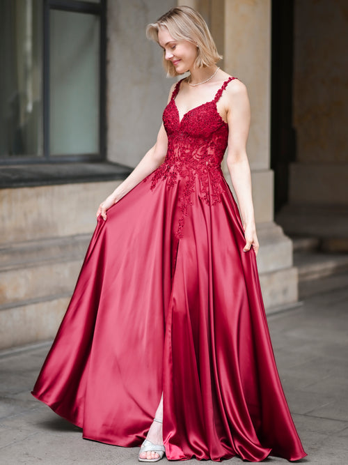 Rotes Abendkleid mit Spitzenbesatz und A-Linie, perfekt für Ball und Gala